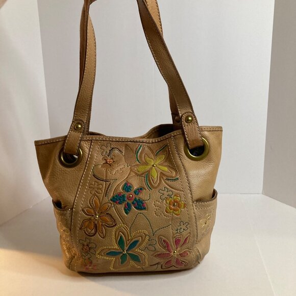 Vintage Fossil Floral BOHO Leather Shoulder Tote Western Hippie Vibe 11 x 15" - Picture 1 of 13